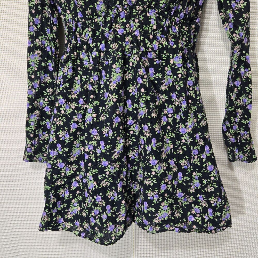 Zara Dress Womens Small Black Purple Floral Mini Long Sleeve Cotton - Picture 3 of 10